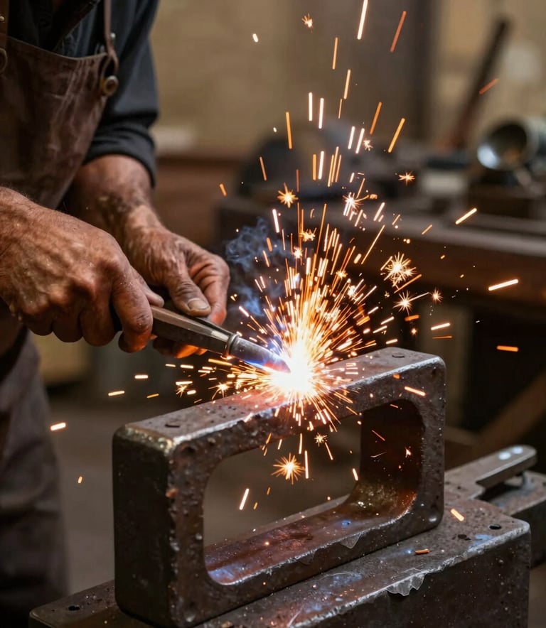 A close-up shot of a master blacksmith’s hands welding a heavy iron frame in a factory setting. Bright orange sparks fly against a bronzed earth background, emphasizing industrial precision and craftsmanship.