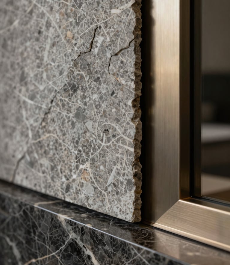 A close-up photograph of high-end interior textures including polished dark marble, natural gray stone, and brushed metal details. Professional architectural lighting highlights the premium materials. North American / International setting.