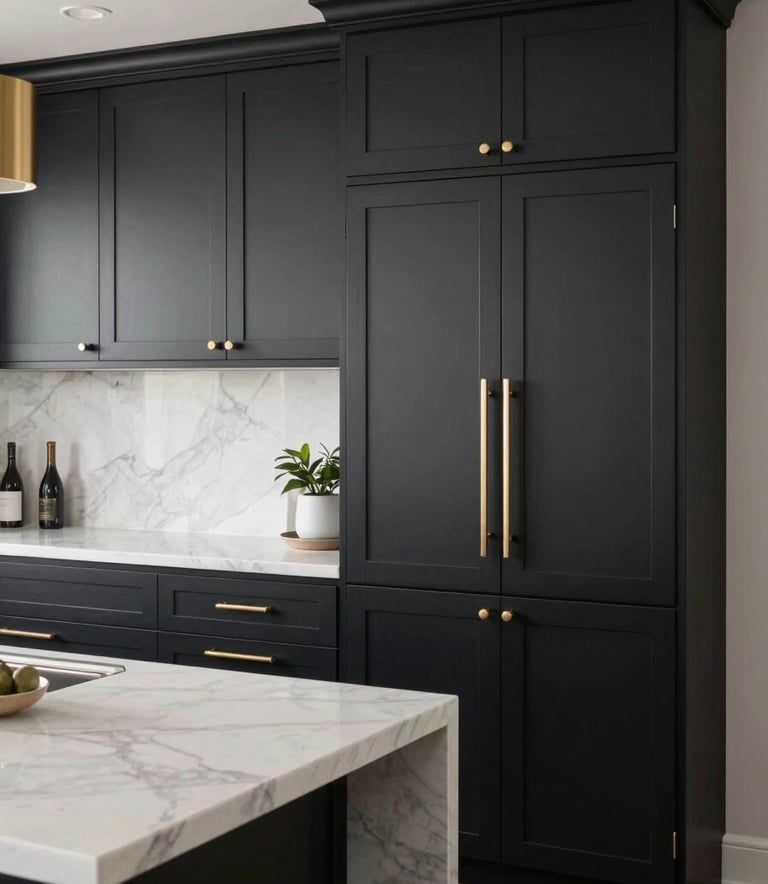 A modern kitchen with matte black cabinetry, brushed gold hardware, and a white marble island. Sleek, professional photography, North American luxury home.