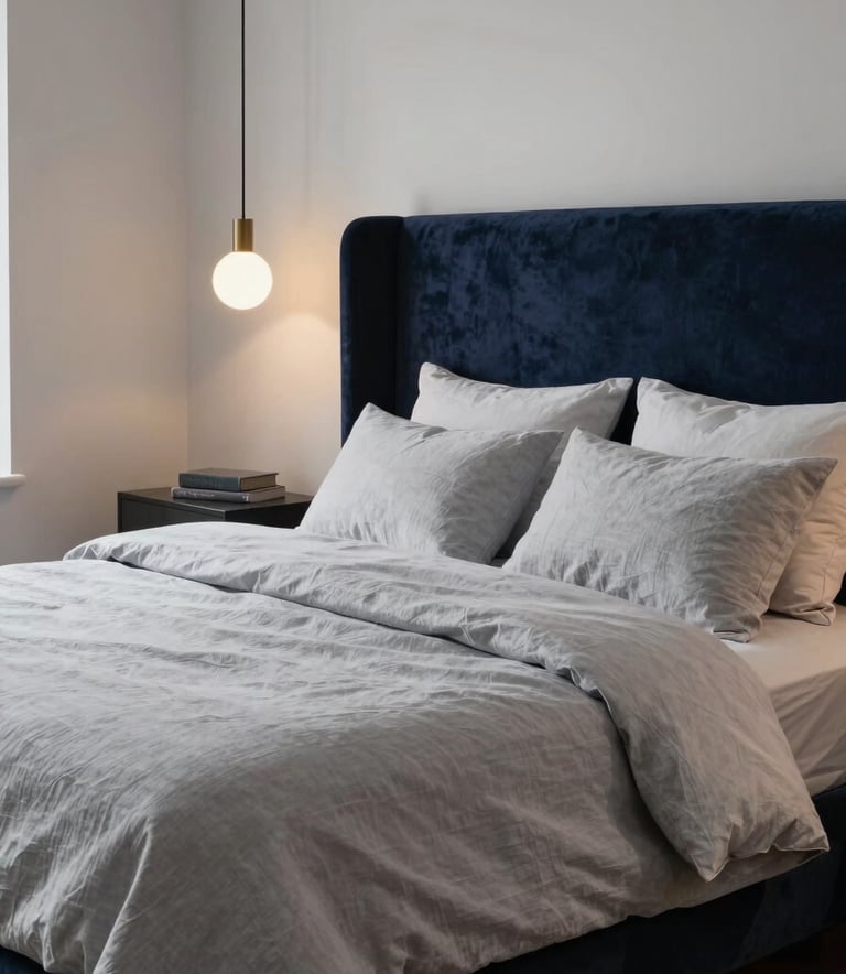 A serene master bedroom featuring a velvet headboard in deep navy, soft linen bedding in light gray, and designer pendant lighting. Elegant, minimalist atmosphere, North American luxury suite.