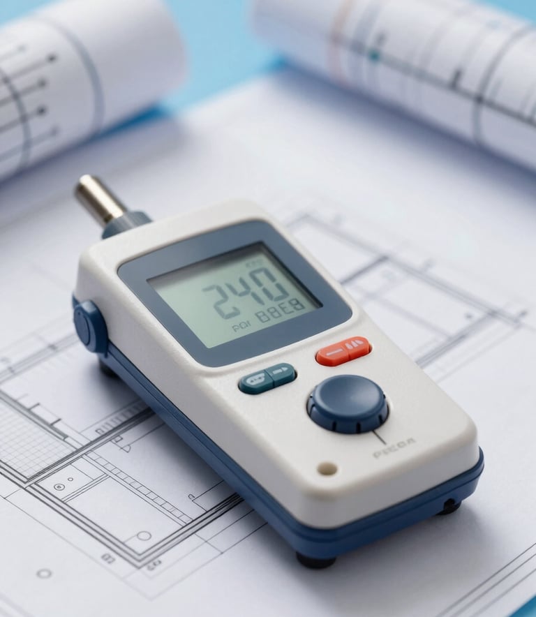 A close-up shot of a high-precision digital measuring device resting on a set of architectural blueprints. The setting is professional and clean, with soft lighting and subtle Turkish Blue (#4C7C9D) accents in the background. The atmosphere is innovative and suggests scientific precision.