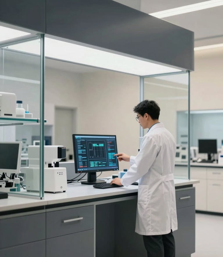 An ultra-modern laboratory interior with sleek glass partitions and a deep gray (#2A363B) and parchment (#FBF8F0) color scheme. A professional in a white lab coat is examining a digital interface displaying complex data, emphasizing technological solutions.