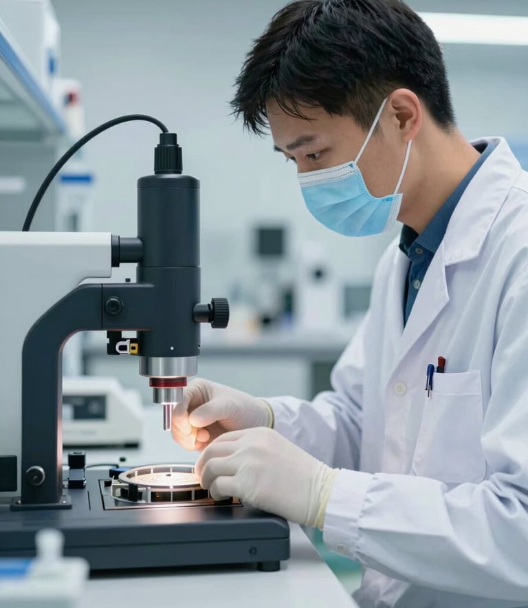 A professional technician in a clean, modern lab setting using a laser diagnostic tool to inspect high-tech construction materials. Lighting is crisp and scientific, incorporating brand colors #4C7C9D and #FBF8F0.