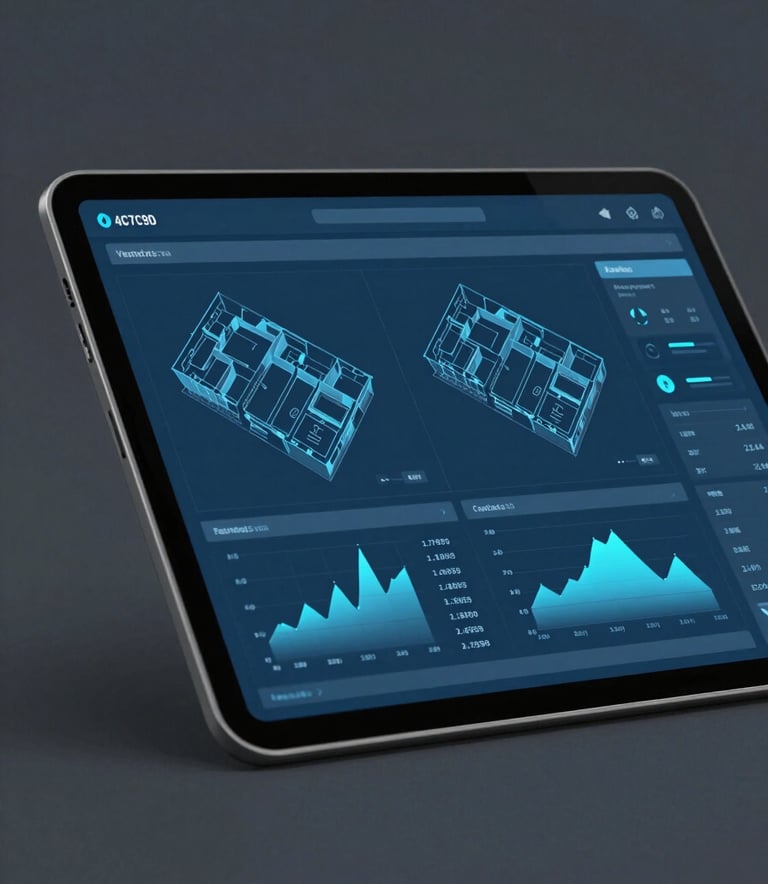 A high-tech digital tablet showing architectural data visualizations and property structural health charts. The interface features Turkish Blue (#4C7C9D) and soft blue accents, set against a professional Dark Grey (#2A363B) background.