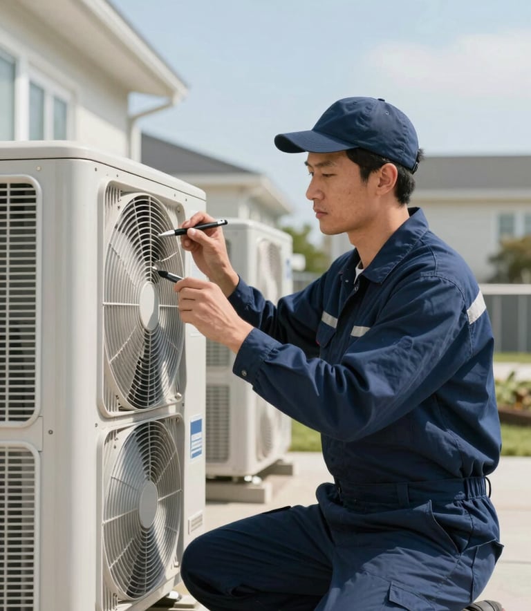 A professional HVAC technician in a navy blue uniform meticulously inspecting a complex outdoor air conditioning unit in a North American / US residential setting. The scene is illuminated by bright daylight, featuring light sky blue tones in the sky and soft white architectural details in the background. Professional, clean, and reliable atmosphere.