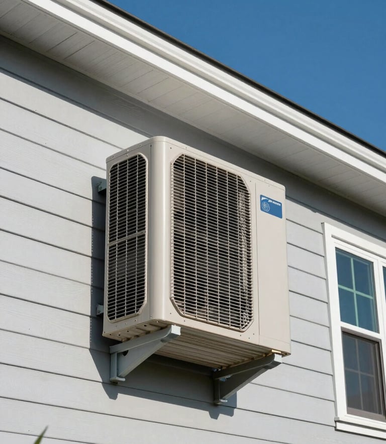 A sleek, modern exterior air conditioning unit installed against the wall of a contemporary North American / US home. The scene is bright daylight, showing the clean lines of the pale mist grey siding and a rich royal blue sky.
