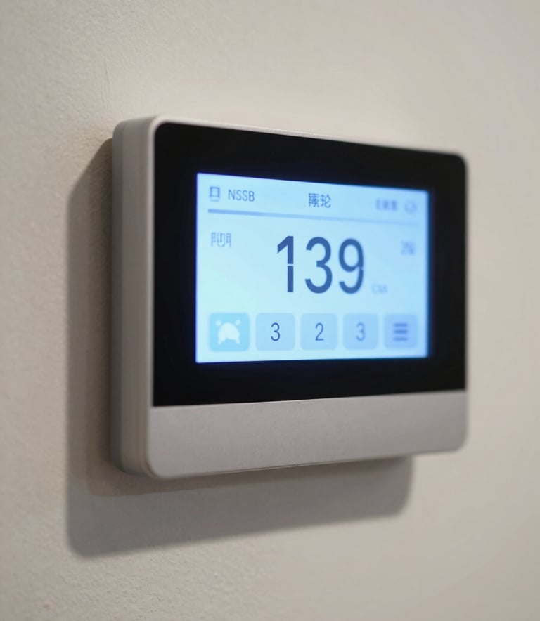 A close-up of a digital smart thermostat mounted on a clean wall in a North American / US home, displaying temperature control with a soft sky blue glow on the interface. Professional and modern efficiency style.