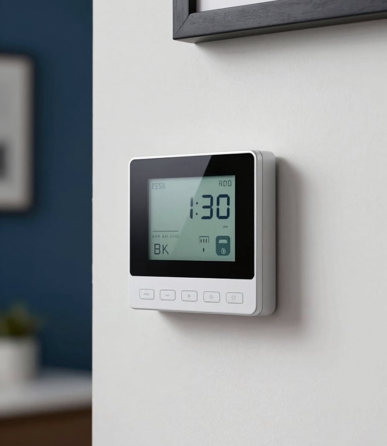 A detailed shot of a sleek, modern digital thermostat mounted on a soft white wall in a North American / US interior. The display shows a comfortable temperature, reflecting modern efficiency. The surrounding decor includes deep midnight blue accents, conveying a sense of trustworthiness and technological advancement.