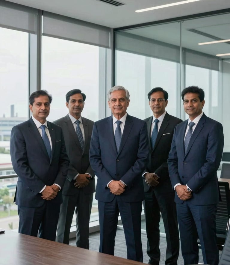 A professional portrait of high-level executives in a South Asian / International business context. They are standing in a modern, glass-walled boardroom with a view of a clean industrial landscape, exuding reliability and corporate leadership. The room is decorated in Navy Blue and Slate Grey.