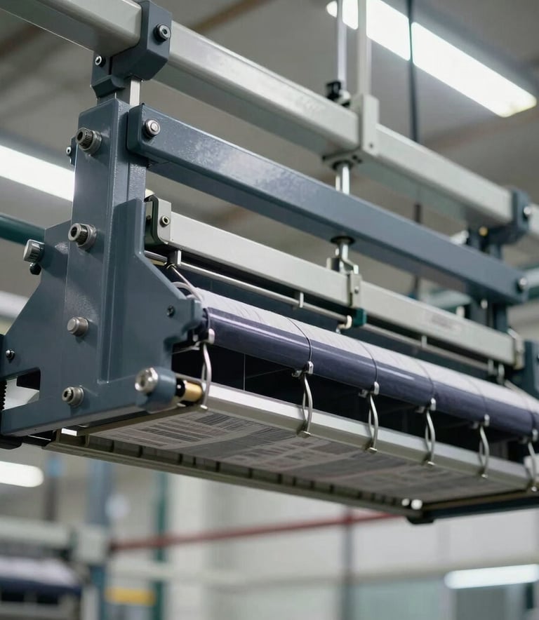 A close-up photograph of a sleek, metallic industrial hanger system transporting garments in a modern Brazilian textile factory. The lighting is bright and clean, emphasizing technical precision and the dark gray and blue tones of the machinery.