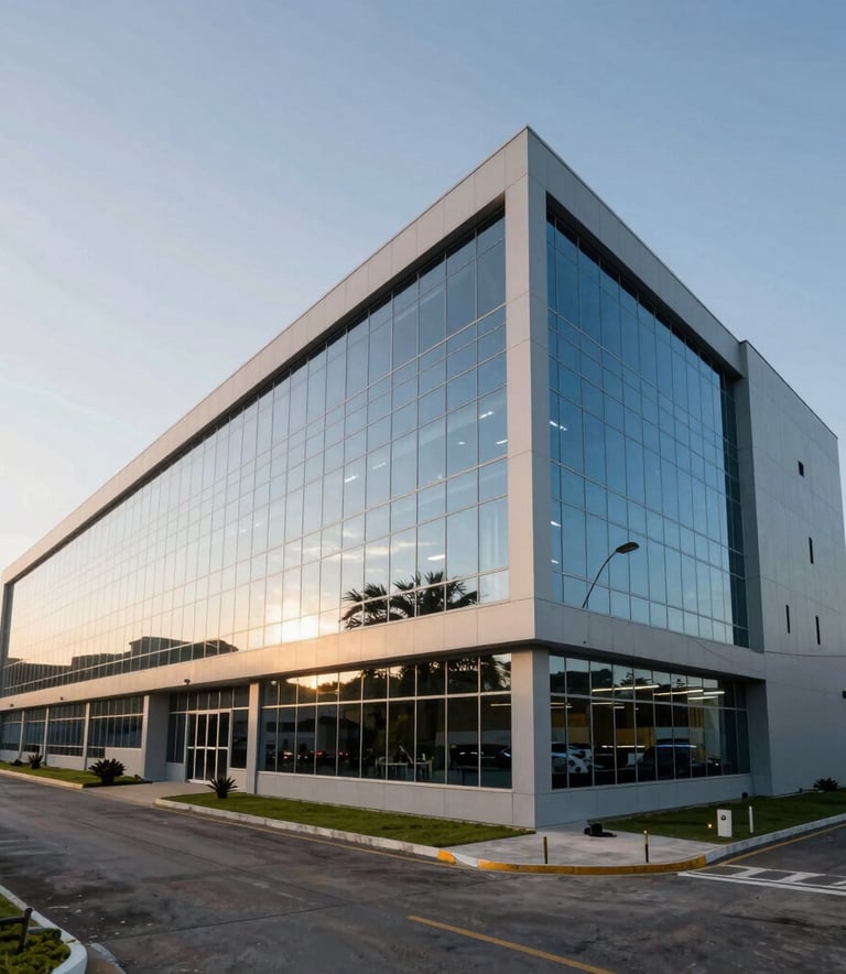 A wide-angle shot of a modern industrial office and production plant in Santa Catarina, Brazil. The architecture is contemporary with large glass panels, reflecting a professional and technologically advanced corporate image under a clear sky.