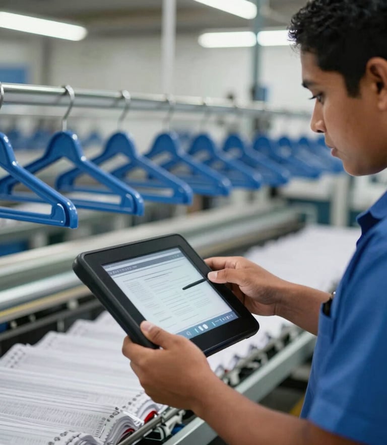 Detailed photography of an operator in a South American garment factory using a digital touchscreen interface to monitor production flow, background with blurred metallic blue hanger systems and soft industrial lighting.
