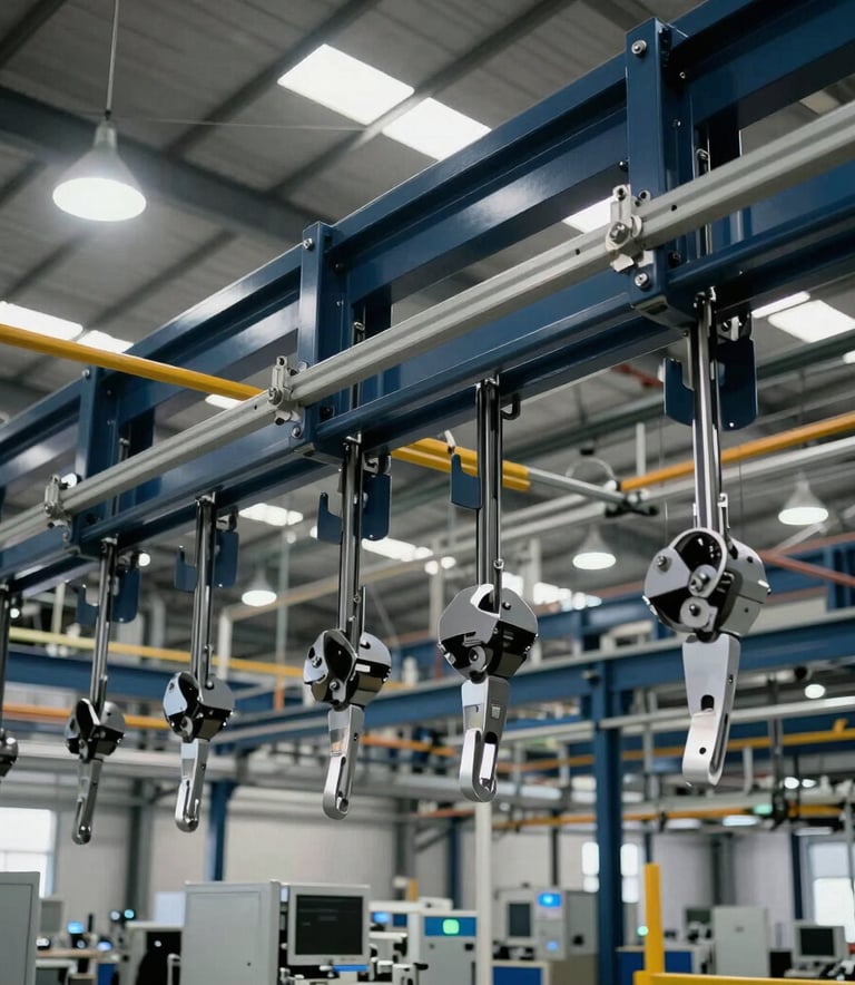 Shot of a clean, modern factory interior in South America showing high-tech overhead hanger rail systems, with bright industrial lighting and a palette of dark blue and metallic gray tones.