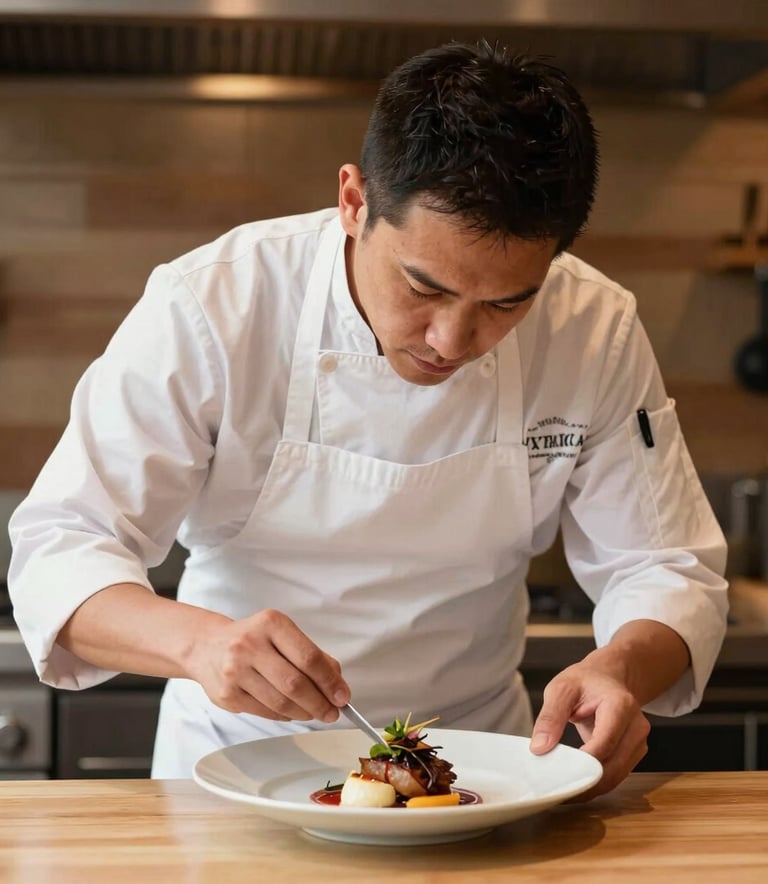 A North American chef in a clean apron carefully plating a gourmet dish in a warm, wood-accented restaurant kitchen with soft lighting.