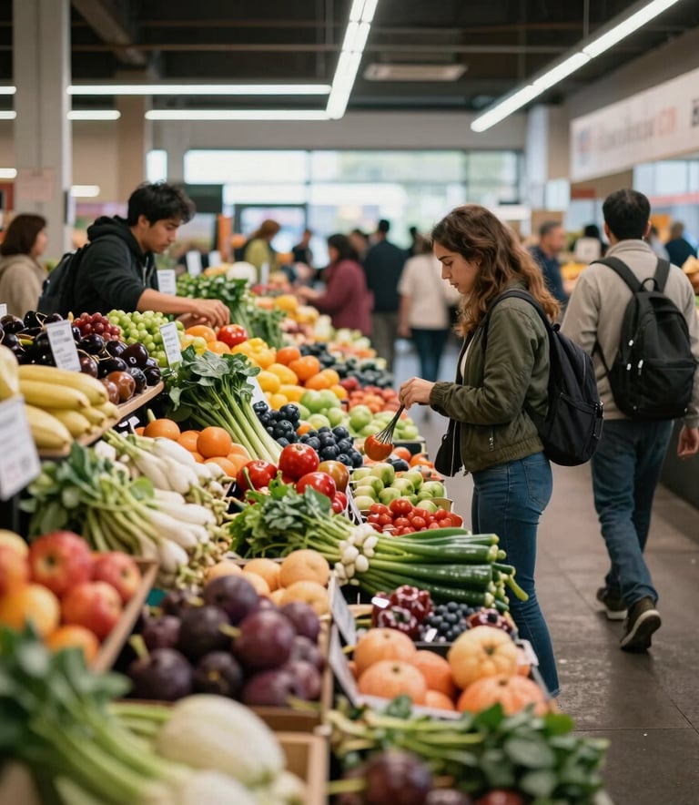 A bustling North American modern food market with vibrant organic produce displays and local shoppers in a bright, airy setting.