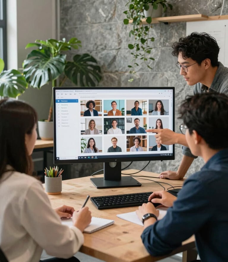 A digital marketing team collaborating in a bright North American creative studio with stone-grey walls and forest green plants, planning a social media grid on a large monitor, professional and inviting atmosphere.