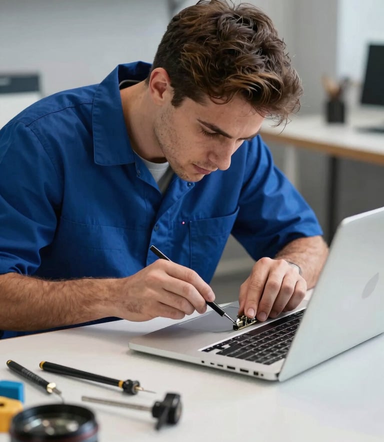 A professional technician in North American / US attire carefully repairing a laptop at a clean, well-lit workbench with royal blue accents and precision tools.