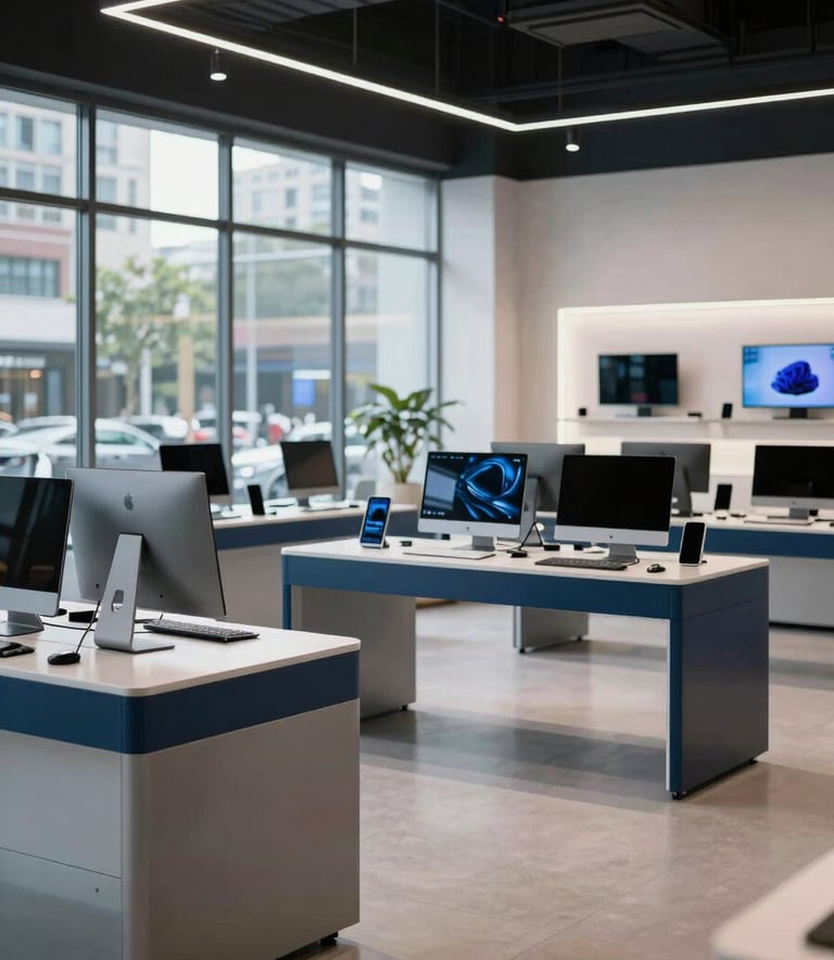 Photography of a sleek, modern computer showroom in a North American city. The space features clean glass displays, polished surfaces in silver and dark blue, and an organized, inviting layout with high-end technology on display.