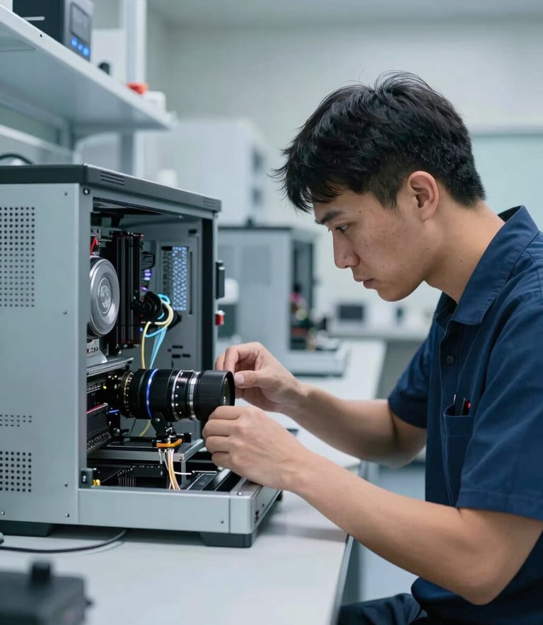 Professional photography of a skilled technician in a clean, modern lab environment in the North American / US region, meticulously assembling a high-performance computer. The lighting is crisp and cool, highlighting the metallic components and sleek design in shades of blue and silver.