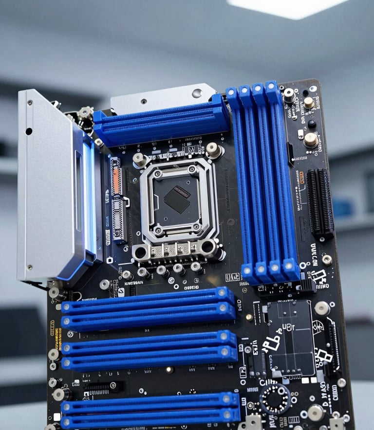A close-up photograph of a high-performance motherboard with glowing royal blue accents, sharp focus on the metallic components, clean professional lighting, North American / US tech lab setting.