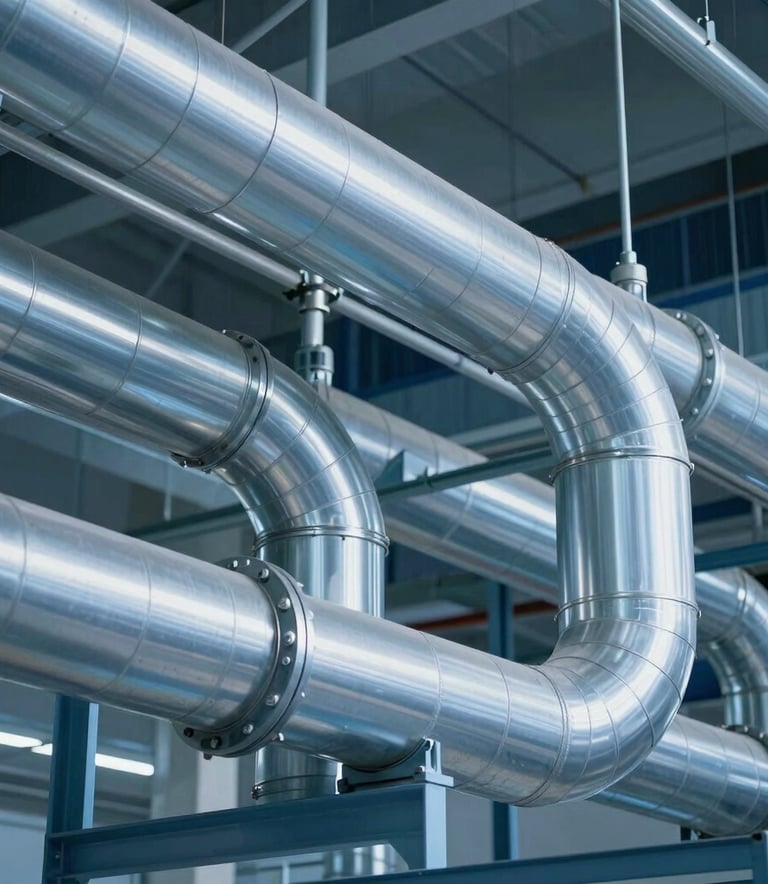 A detailed photograph of complex, high-grade industrial air ducting and silver ventilation shafts in a clean North American building, emphasizing technical precision and industrial modern design with cool blue lighting.