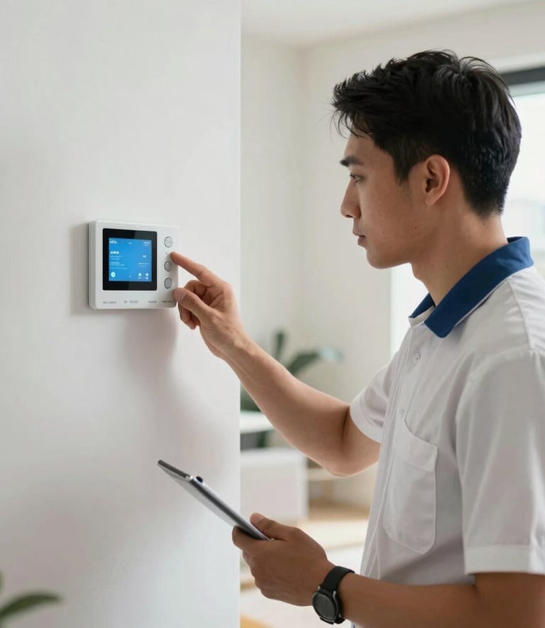 A professional HVAC technician in a crisp uniform inspecting a modern smart thermostat on a white wall in a Miami home, bright natural light, North American / US style.