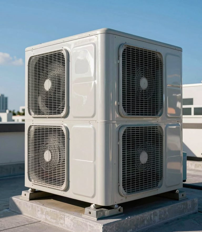 High-efficiency industrial air conditioning unit on a rooftop, gleaming silver metal panels against a clear blue Miami sky, technical precision photography, North American / US.