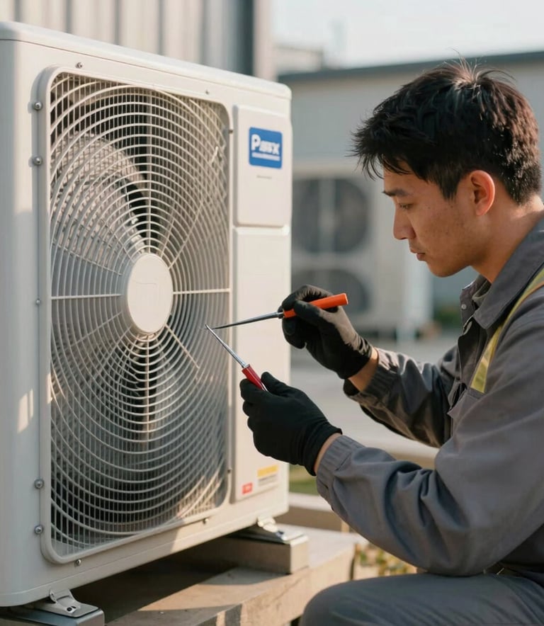 A professional North American technician performing a technical inspection of a high-end outdoor HVAC unit, wearing safety gear and using precision tools, soft morning light, industrial professional style.