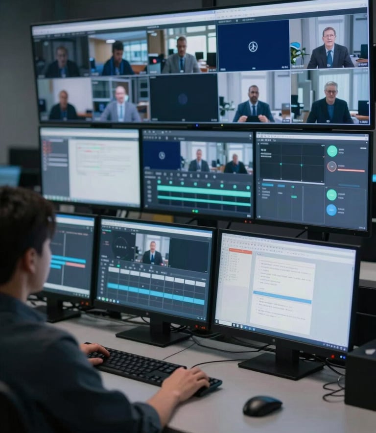 High-tech broadcasting setup in a university control room. A professional desk features multiple widescreen monitors displaying the vMix software interface with various camera feeds and graphic overlays. The lighting is low and cool, with hints of midnight blue (#0D1A2F) and steel gray (#34495E). The style is sharp, clean, and highly technical.