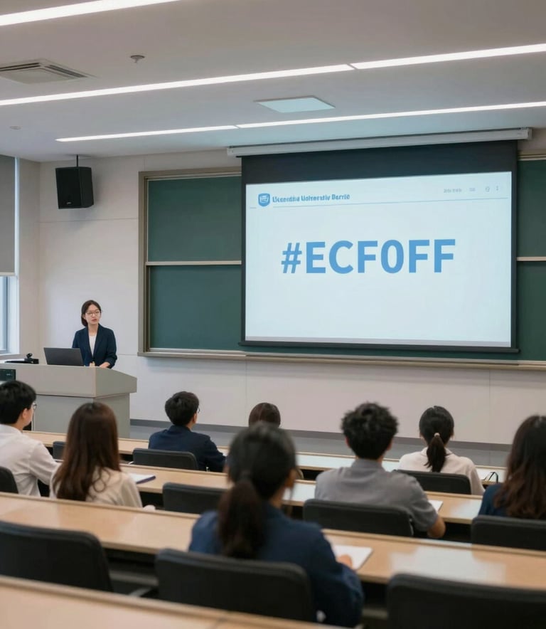 A modern university lecture hall equipped with advanced audio-visual technology, featuring integrated speakers and large screens. The shot highlights a clean, professional academic environment in #ECF0F1 and #34495E tones.
