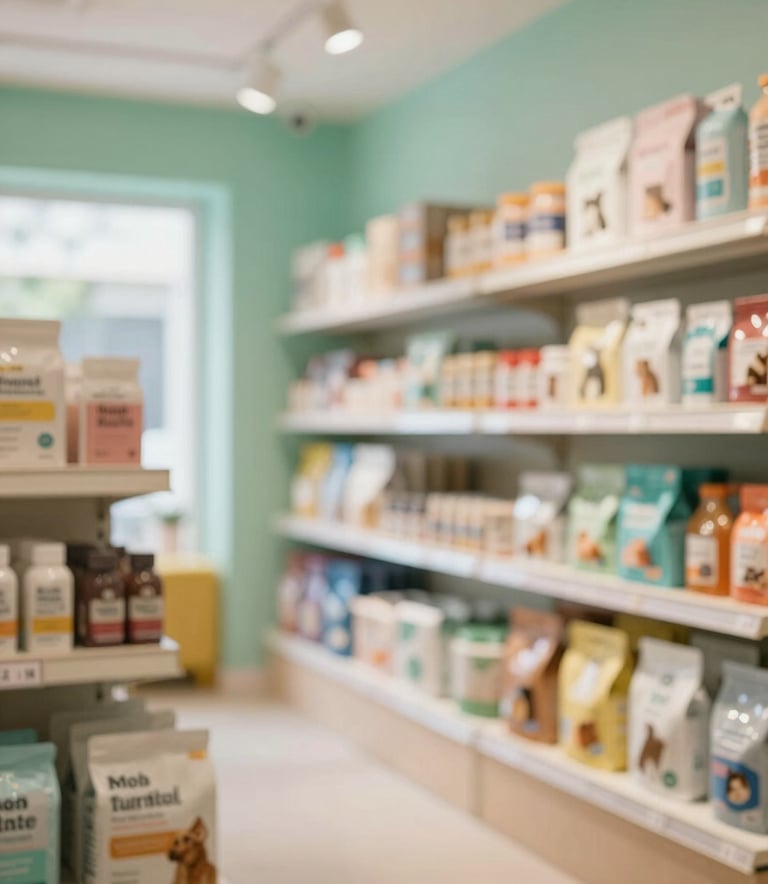 A modern, clean pet shop interior in Kolkata with shelves of colorful supplies, well-lit with warm natural light, incorporating soft touches of #A7C9A7 and #5E8E7D in the decor.