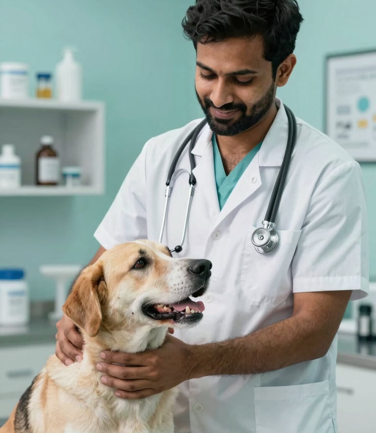 A professional Indian veterinarian in a clean clinic wearing a stethoscope, gently petting a dog, high efficiency and trustworthy vibe, clinic accents in #A7C9A7.