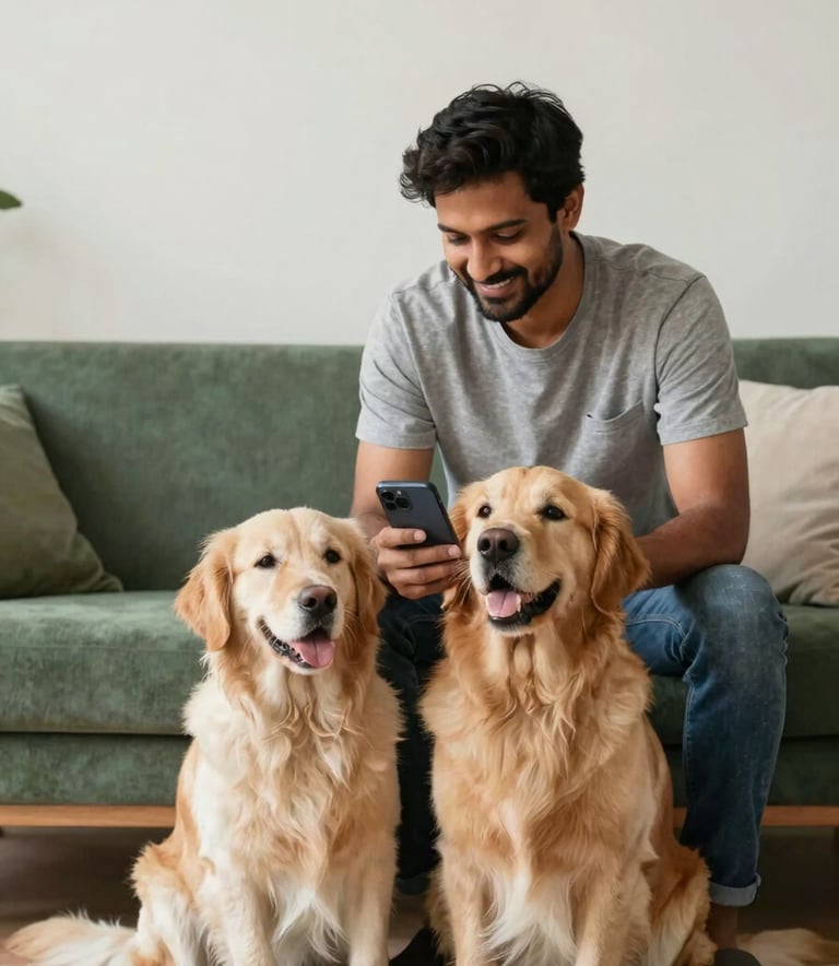 An urban Indian pet owner smiling while holding a smartphone, ready to message for help. A friendly Golden Retriever is sitting beside them. The setting is a clean, modern home in Kolkata with #F3F3E9 walls and #5E8E7D fabric textures.