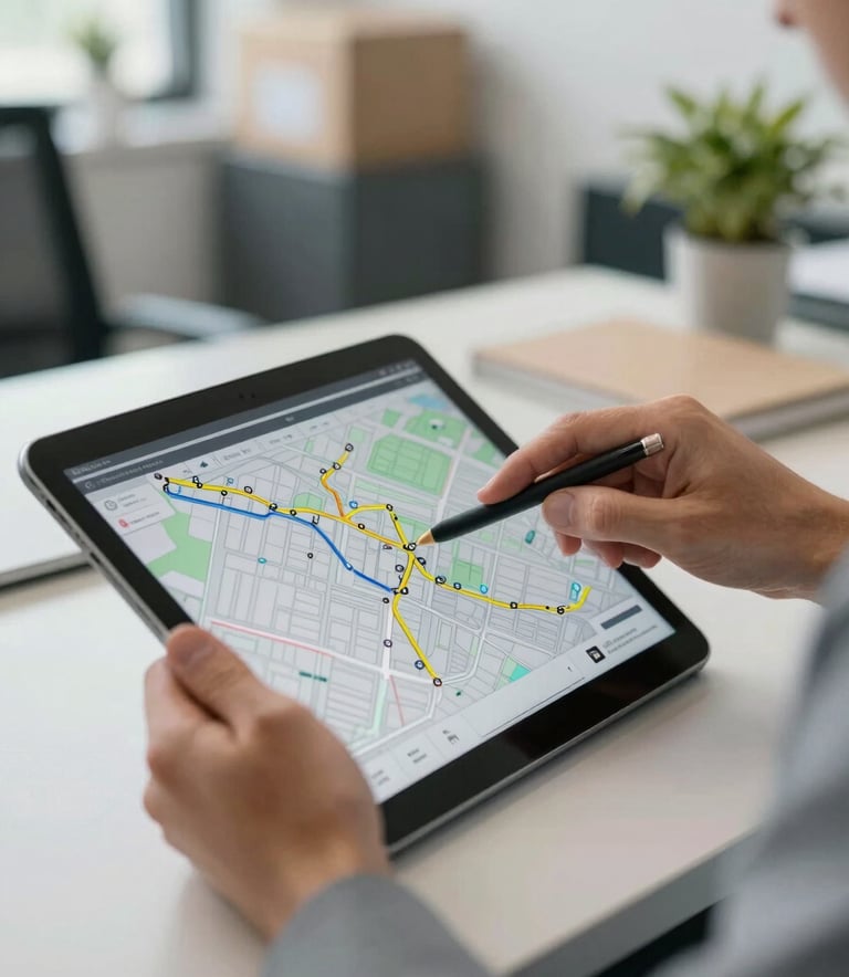 Close-up of a logistics manager's hands in a Brazilian office using a tablet showing a map with delivery routes, soft natural lighting, professional corporate atmosphere.