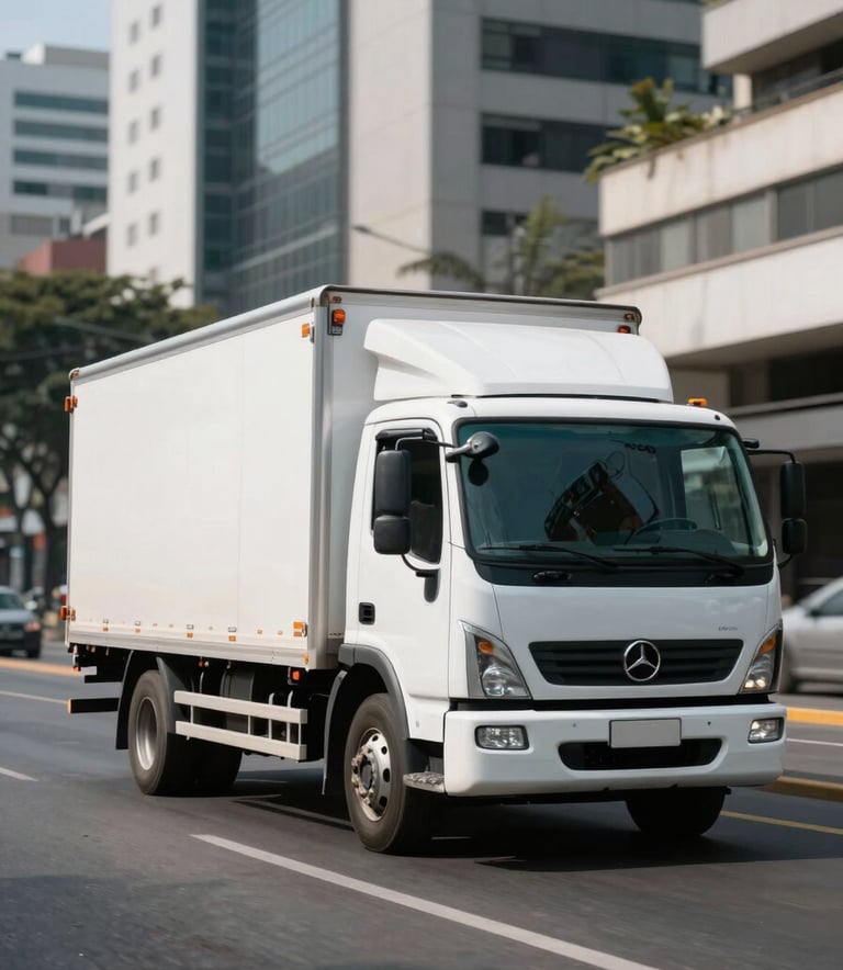 A medium-sized white cargo truck driving through a clean, modern urban boulevard in a South American city during the day. Professional corporate photography with a focus on movement and efficiency. Ice white and slate blue tones.