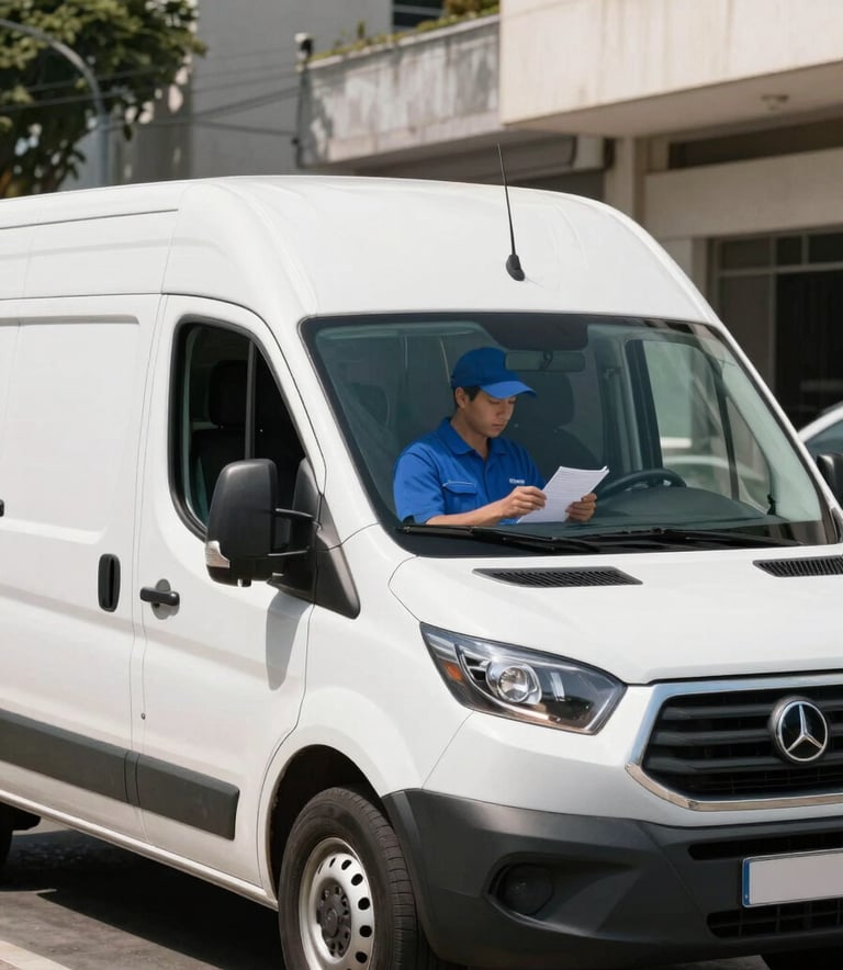 A clean, white modern delivery van parked on a sunny urban street in a South American city, with a professional driver in a steel blue uniform checking a delivery list next to it.