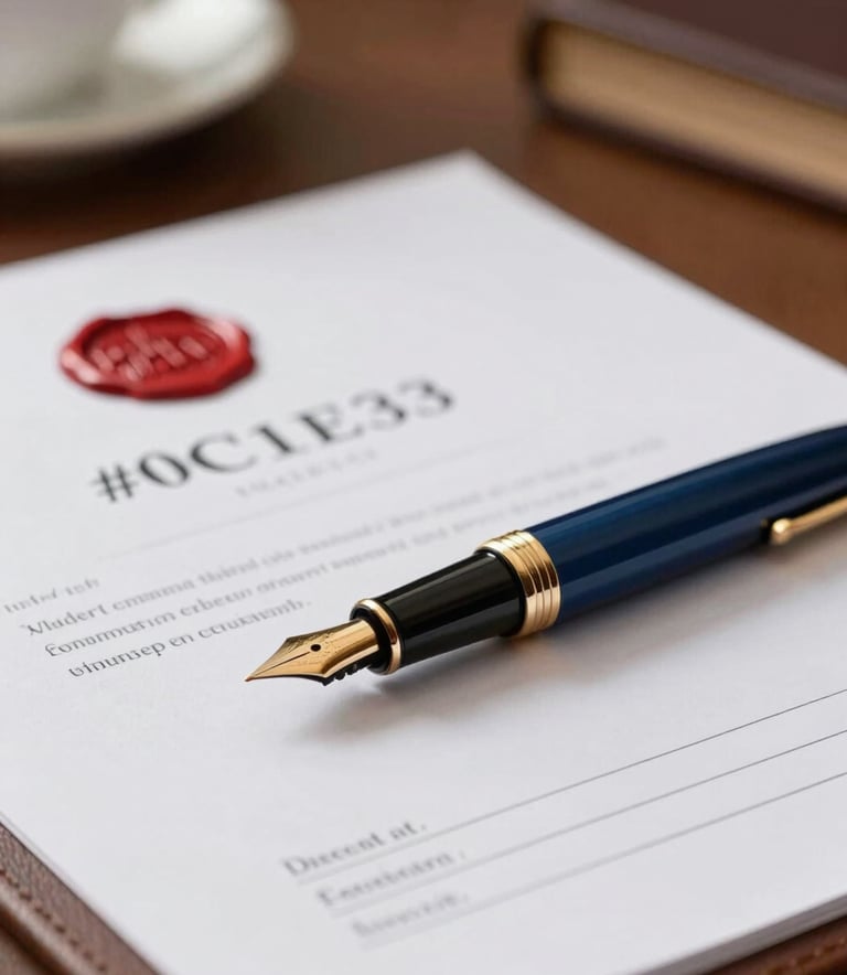 A high-end fountain pen resting on an official legal document with a red wax seal, soft focus on a leather-bound desk in a prestigious office, incorporating #0C1E3C and gold accents for a sense of trust.