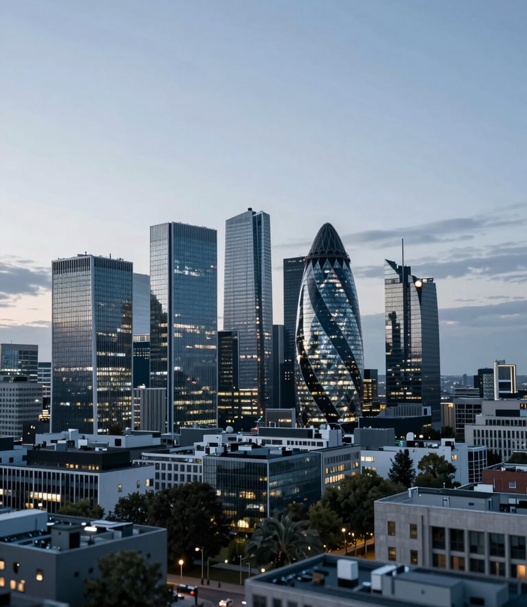 A wide, panoramic view of a modern glass office overlooking a major European financial district at twilight. The image emphasizes clarity and strategic insight, using a color palette of deep blues (#0C1E3C) and cool grays (#C0C8D1) to convey international professionalism.