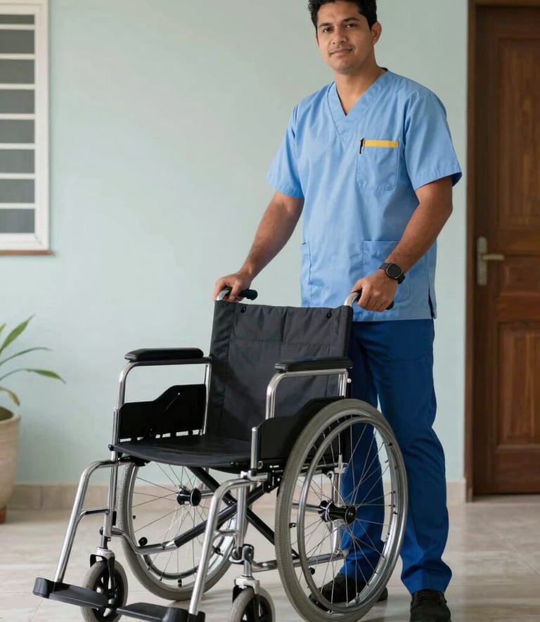 A professional technician in a clean uniform standing next to a perfectly cleaned, shining wheelchair in a bright South American / Brazilian residential setting. The atmosphere is empathetic and trustworthy, featuring soft light and a palette of light blue and dark blue.
