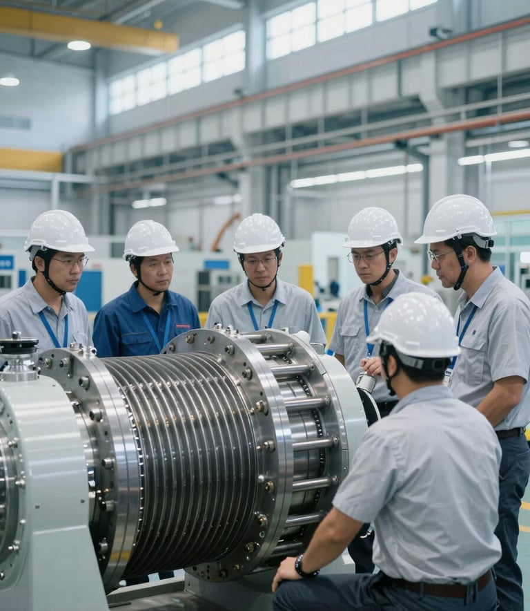 A group of professional engineers in a modern North American / US industrial facility, looking at a large turbine component. The lighting is bright and technical, with a color palette of misty white and muted steel blue. The atmosphere is focused and professional.