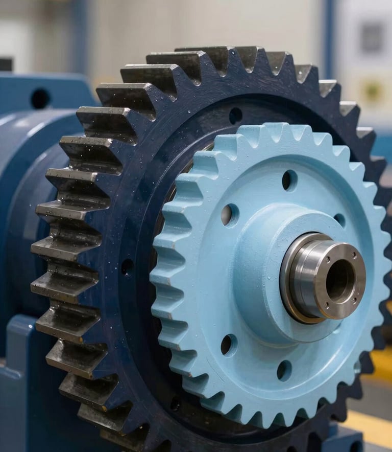 A heavy-duty industrial gear assembly, combining dark navy and light ice blue metallic finishes, photographed with sharp focus to emphasize strength and cutting-edge performance.