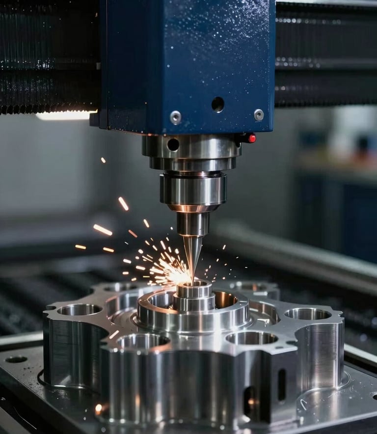 A close-up shot of a high-tech CNC machine meticulously carving a precision metallic spare part, sparks flying slightly, illuminated by bright factory lights, conveying modern engineering excellence in dark navy and deep blue tones.