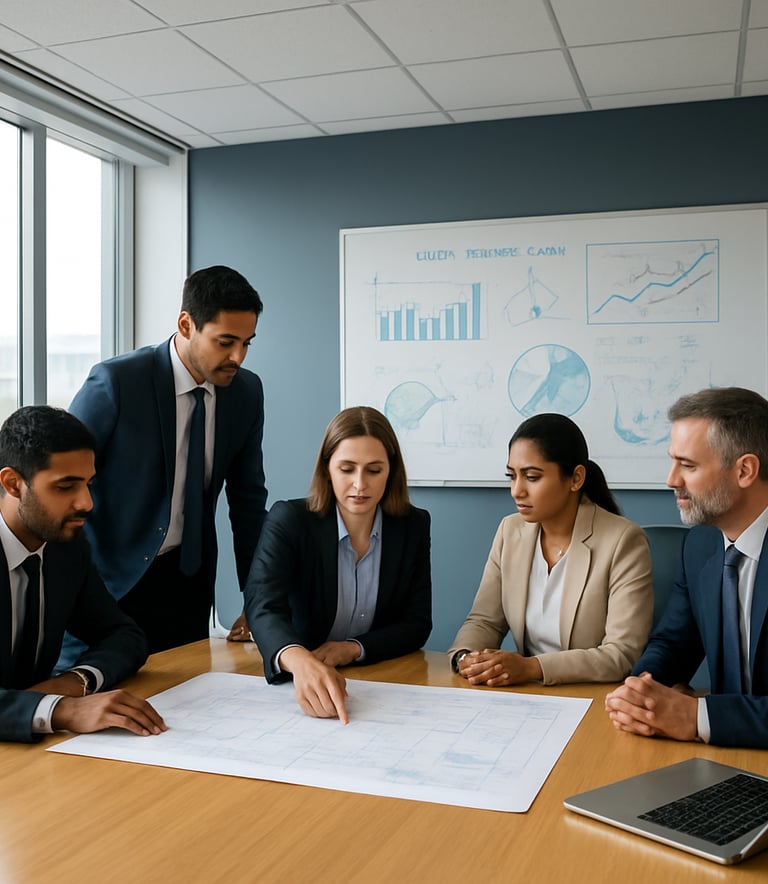 A wide-angle photography shot of a modern Australian office boardroom. Professionals in Australian / Indian business attire are collaborating over energy sector plans. Bright, natural lighting highlights a Soft White and Slate Blue interior.