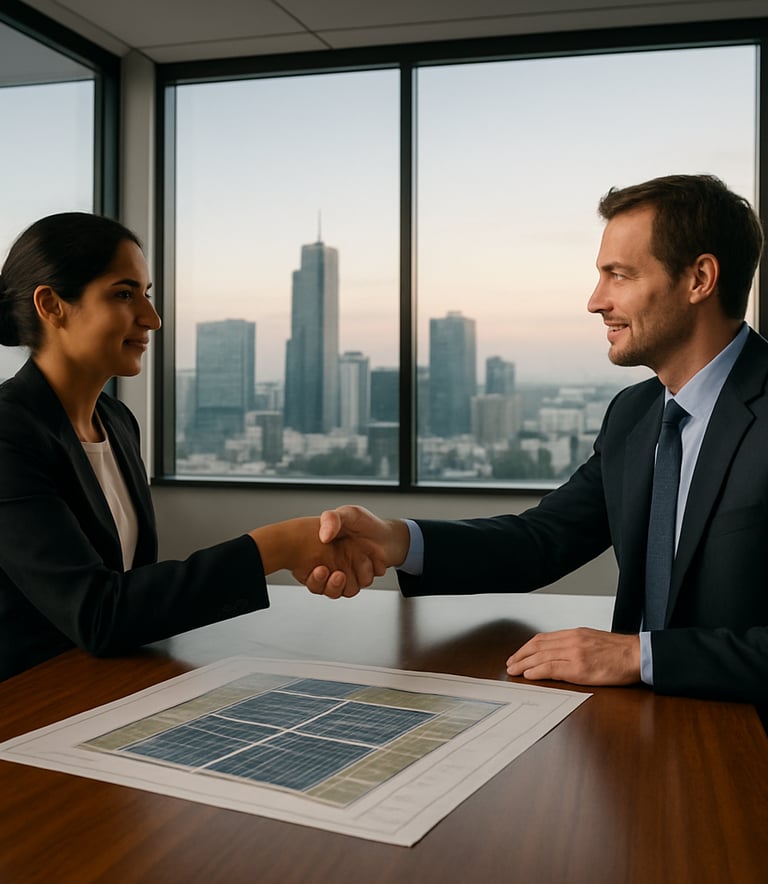 A wide-angle professional photograph of a modern Australian / Indian business boardroom overlooking a clean skyline. Two professional representatives are shaking hands across a polished wood table with architectural plans for a solar farm laid out. Soft morning lighting, corporate atmosphere.