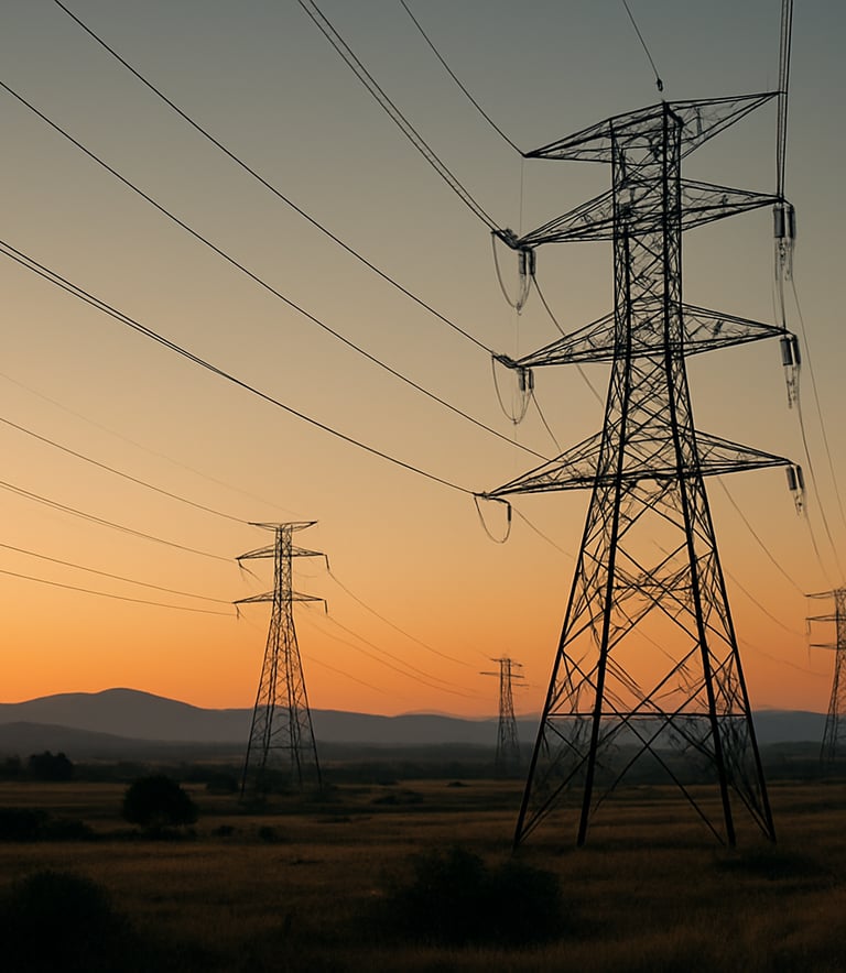 A photography shot of high-voltage transmission lines stretching across a scenic Australian / Indian business landscape at dusk. The lighting is cinematic, highlighting the engineering detail and the vast horizon, symbolizing power and infrastructure connectivity.