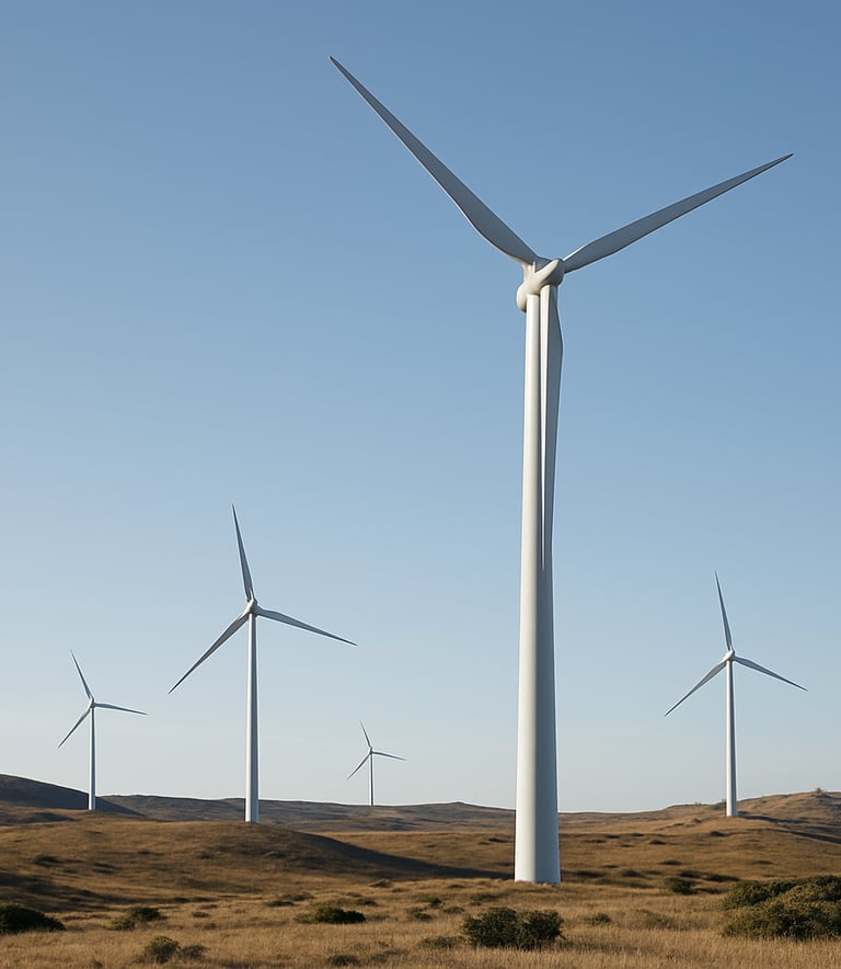 A high-end professional photograph of a renewable energy site in the Australian landscape. Large wind turbines stand elegantly against a clear Pale Sky Blue morning sky. The composition is clean and authoritative, reflecting the professional standards of infrastructure consulting.