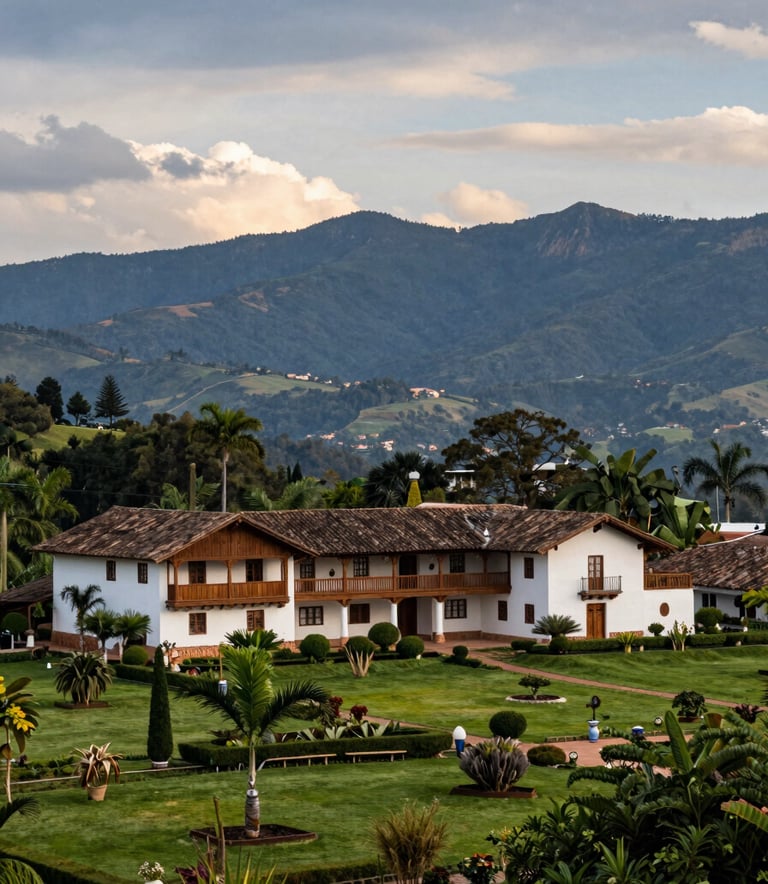 A wide-angle landscape photograph of a beautiful country estate in Choachí, Colombia. The architecture is traditional with brown wooden accents and surrounded by lush green gardens and the Andes mountains under a serene sky.