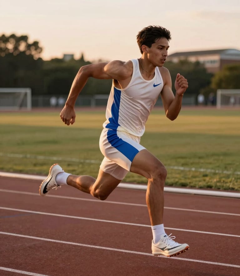 Photography of an athlete in modern off-white and royal blue training gear sprinting on a high-end North American university track at sunset. The lighting is cinematic and dynamic, highlighting the intensity and motion.