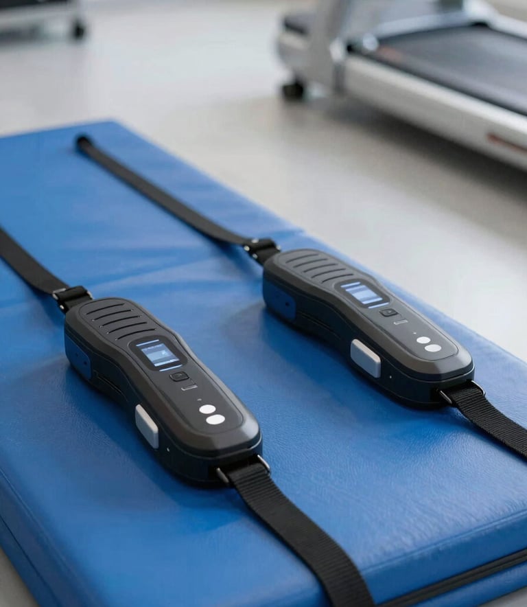 Close-up of sleek, high-tech biometric training sensors and a royal blue jump mat in a clean, modern US sports lab, professional photography.