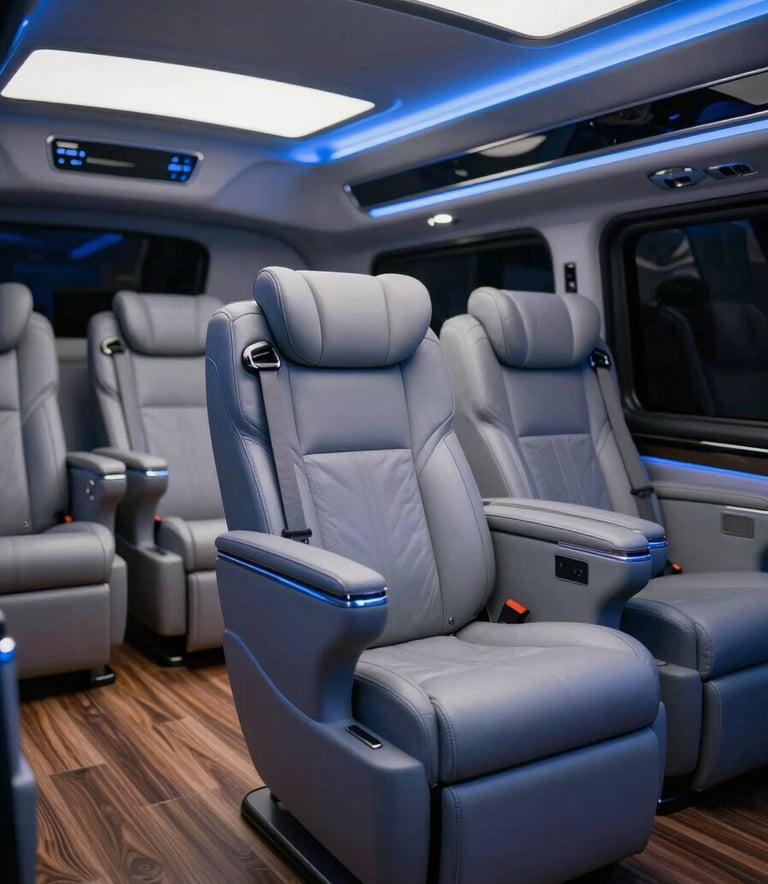 A wide-angle interior view of a luxury Force Traveller modification by DBROS. Plush leather captain seats in #EBF2F6, ambient blue LED lighting, and wood-finish flooring. The mood is professional and sophisticated, emphasizing craftsmanship and bespoke comfort.
